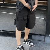 Hearujoy Vibe Style High Street Black Multi-pockets Cargo Shorts for Men Drawstring Straight Summer Casual Oversized Knee Length Pants